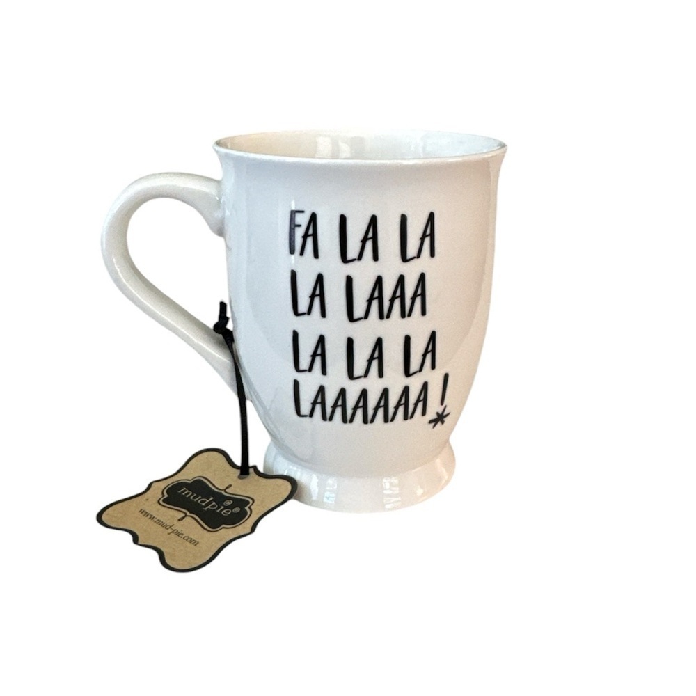 Mud Pie Fa La La La La Black White Pedestal Coffee Tea Holiday Christmas Mug NWT